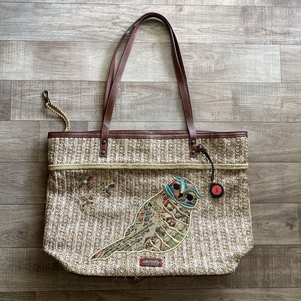 Sakroots Brown Owl Straw Embroidered Handbag/Shoulder Purse/Charm